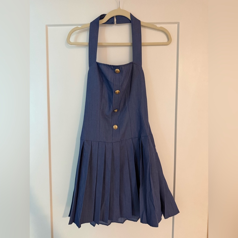 Metal Button Halter Neck Pleated Dress S - Picture 5 of 7